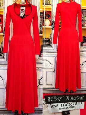 Vintage Betsey Johnson Midi Dress 90s Y2K Lew Magram Cherry Red Long Sleeve S